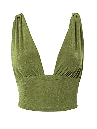 Lyaner Women's Sexy Deep V Neck Slim Fitted Strap Crop Cami Tank Sleeveless Top Green Small #TOP4