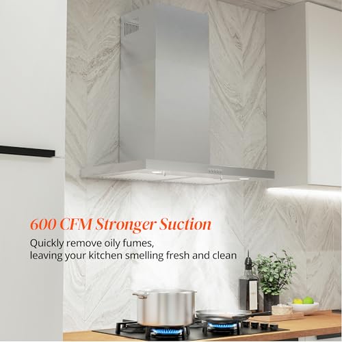 Image of FIREGAS Wall Mount Range Hood 30 Inch, 600 CFM Ducted /Ductless Convertible Stainless Steel Kitchen Vent Hood with 3 Speed Fan, LED Lights and Push Button Control