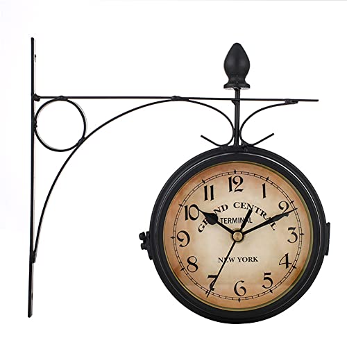 Katutude Horloge de Gare Double Face, Horloge de Gare Pendule Murale Horloge Murale de Jardin Montre Murale avec Support de Montage Horloge Murale Silencieuse Vintage pour Maison, Jardin, Terrasse