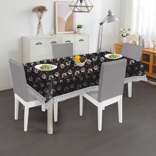 Image of The Furnishing Tree Waterproof PVC Rectangle Shaped 8 Seater Table Cover WxL 60x108 inches Floral Pattern Dark Brown with White Border lace