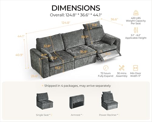 Image of 124.8'' Oversized Power Recliner Sofa with Headrest, Extra Wide Deep Modular Cloud Sectional Reclining Couch Wall Hugger, Convertible 3-Seater for RV Home Theater Living Room, Chenille, Grey
