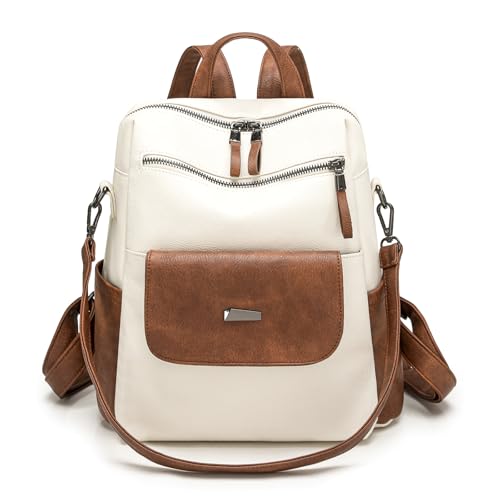 Image of WYFJNX PU Leather Backpack Purse for Women Fashion Multipurpose Design Handbag Ladies Shoulder Bags Travel Backpack White Brown