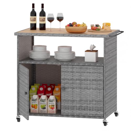 Image of Tangkula Rattan Outdoor Storage Cabinet with 4 Wheels (Mix Grey)