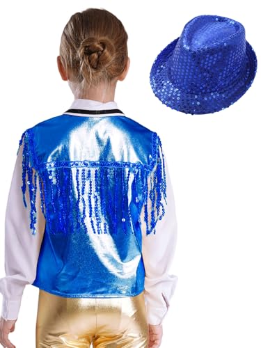 Kids Girls Sequin Dance Outfits Shiny Sleeveless Jacket Metallic Vest with Hat for Hip Hop Jazz Dance Wear2