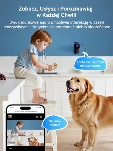 Outinput 2K Plug-in Überwachungskamera Innen, WLAN Indoor Kamera mit Nachtsicht, Hundekamera mit App, Bewegung&Geräusch-Erkennung, 2-Wege-Audio, Sirene, SD&Cloud-Speicher, für Baby&Haustiere, Schwarz