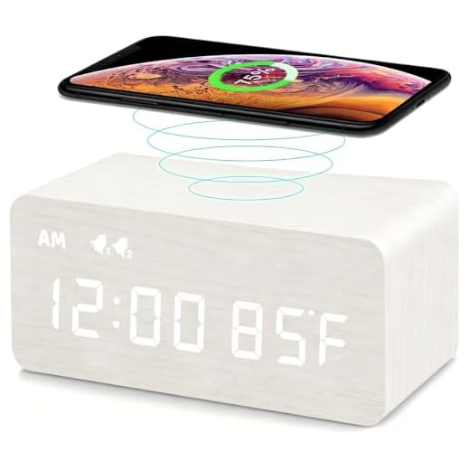 MOSITO Digital Wooden Alarm Clock with Wireless Charging, 0-100% Dimmer, Dual Alarm, Weekday/Weekend Mode, Snooze, Wood LED Clocks for Bedroom, Bedside, Desk, Kids (White)