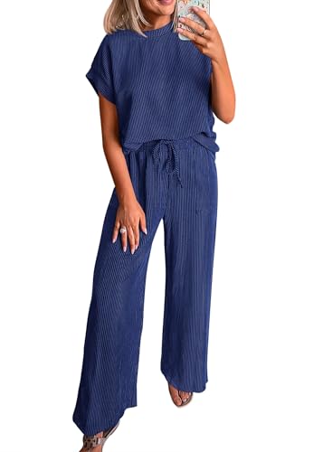 KIRUNDO 2 Piece Sets for Women Dressy Casual Ribbed Knit Short Sleeve Tops Wide Leg Pants Lounge Set Travel Airport Outfits(Dark Blue, X-Large)