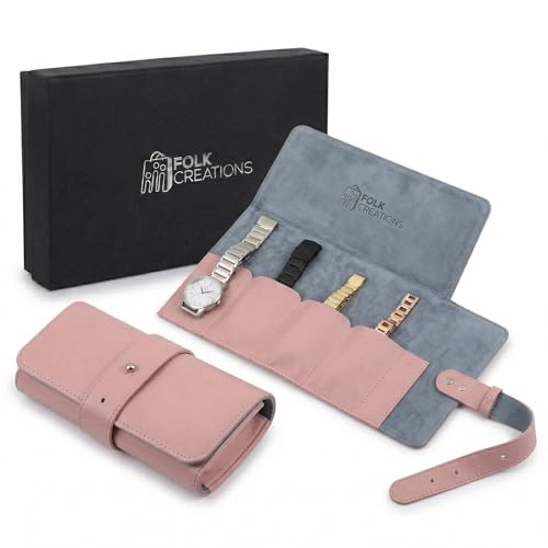 Image of Folk Creations Watch Roll for 4 Watches | Vegan Leather Travel Case for Women & Men | Velvet Cushion Organizer | Gift for Collectors | Scratch-Proof Watch Storage Box, Pink