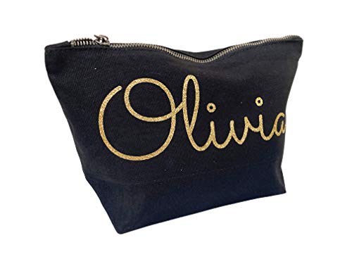 Treat Me Suite Personalised Name Make up Accessory Wash Bag in Black or Natural Colour. Metallic or Glitter Print Presents Birthdays