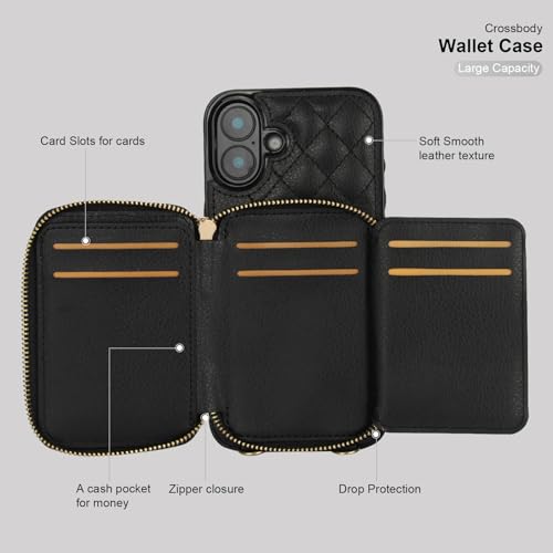 Bocasal Crossbody Wallet Case for iPhone 16 Plus, RFID Blocking PU Leather Zipper Handbag Purse Flip Cover, Kickstand Folio Case with Card Slots Holder Wrist Strap Lanyard 5G 6.7 Inch (Black01) by Bocasal - Used condition - Image 7