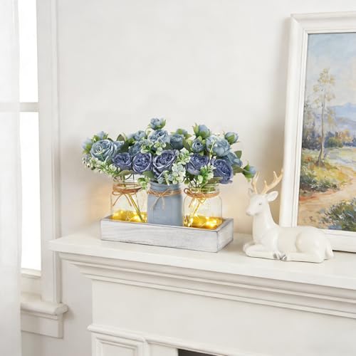 Mkono Mason Jar Lights Centerpiece Table Decor for Dining Room Farmhouse Wood Tray with 3 Jars Flowers Center Pieces Spring Decor for Coffee Table Kitchen Living Room, Grey Blue by Mkono - Image 5