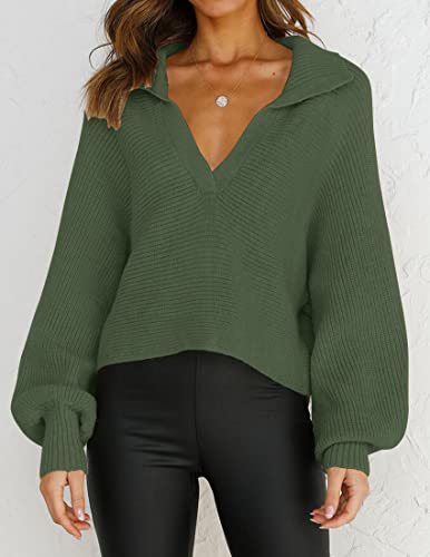 Zesica Women's 2023 Fall Lapel Collar V Neck Long Sleeve Ribbed Knit Comfy Loose Casual Pullover Sweater Jumper Top,Olive,Large #TOP2