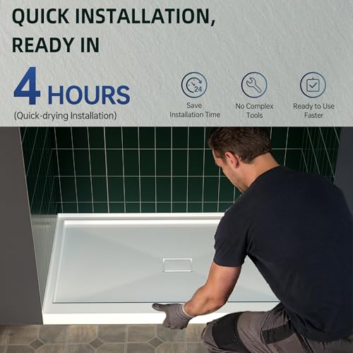 WOODBRIDGE 48" x 36" Solid Surface Shower Base in White with Center Drain,Single Threshold,Slip-Resistant Shower Pan for Alcove Installation by WOODBRIDGE - Used condition - Image 8