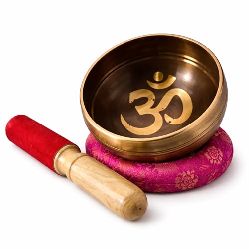 Image of Tibetan Singing Bowl Set - Easy To Play for Beginners - Authentic Handcrafted Mindfulness Meditation Holistic Sound 7 Chakra (OM CARVED, COPPER BLACK, 9cms)