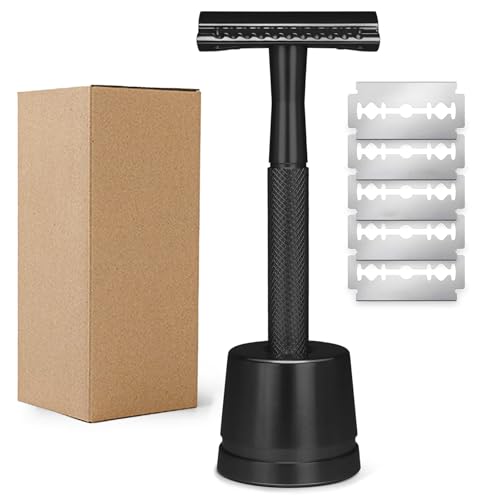 Vtrem Men's Double Edge Safety Razor: Black Reusable Shaving Razor for Men and Women with 5 Double Edge Safety Razor Blade Set