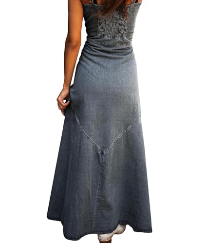 Sexyshine Women's Button Down Smocked Denim Dress Spaghetti Strap Sleeveless A-Line Flared Flowy Maxi Jean Dress2