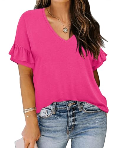 TIYOMI Plus Size Tops for Women Ruffle Shirts Button Short Sleeve Summer V Neck Tunics XL-5XL