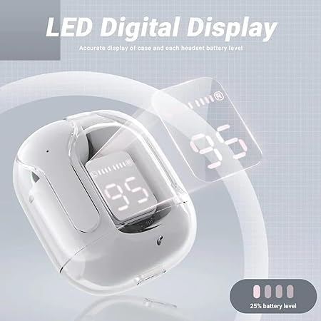 Image of Crystal Wireless Earbuds, Transparent Charging Case and LED Digital Display, Bluetooth Earphones with ENC Noise Cancelling, Touch Control, Google Assistant and Siri Suppor