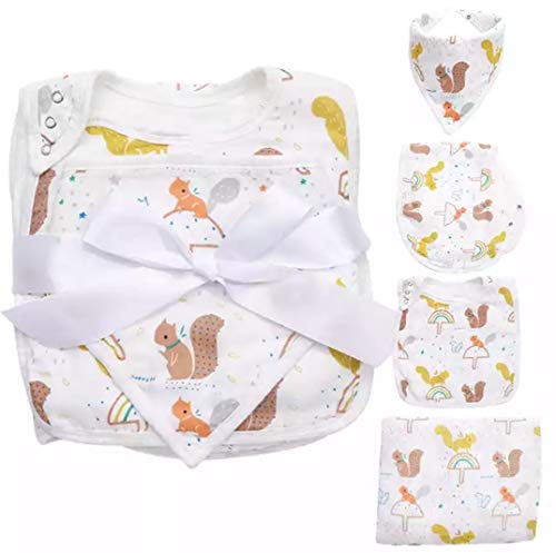 Image of 4pc Squirrel Muslin Swaddle Blanket, Bibs, and Burp Cloth Set for Baby Boys and Baby Girls - Soft, Breathable, and Multi-Purpose Receiving Blanket. Baby Essentials.