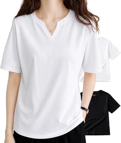 VERAVANT Women's Short Sleeve T-shirt, Set of 2, 100% Cotton, Sweat Absorbent, V-Neck, Loose Fit, Dry, Top, Plain, Summer Clothing, Stylish