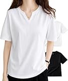 [VERAVANT] tシャツ レディース 半袖 2枚組 綿100% 吸汗 vネック ティーシャツ ゆったり ドライ トップス 無地 夏服 おしゃれ (JP, アルファベット, 2XL, 半袖ブラック/ホワイト)