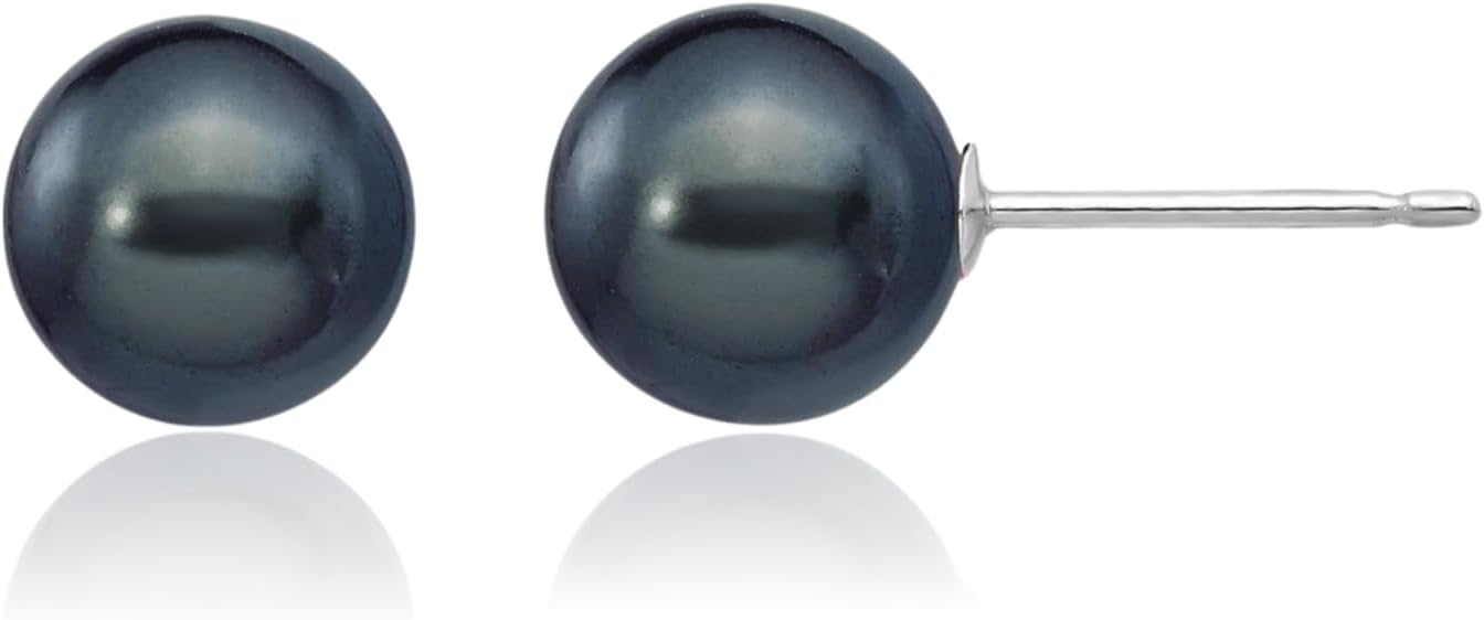 IceCarats 14K Solid White Gold 7mm Freshwater Black Pearl Large Stud Earrings Prong Set, Friction Back For Her