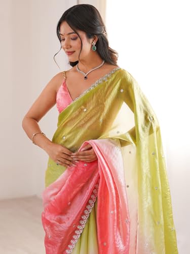 Image of AKHILAM Women's Shimmer Satin Sequence Embroidery Saree With Unstitched Blouse Piece(AARYAN21701 KR Parent)