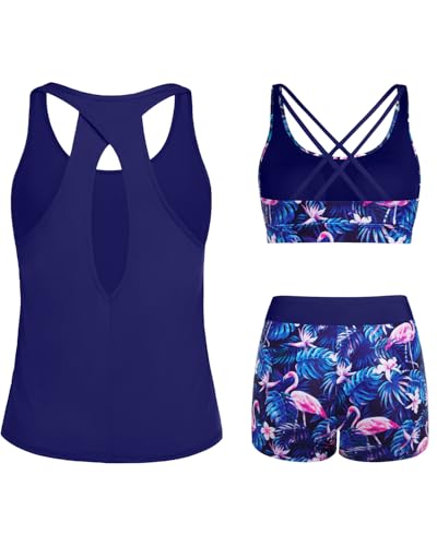 Image of 3 Piece Tankini Long Sleeve Swimsuits Athletic Rash Guard Bathing Suits | Modest,Full Coverage,High Waisted Short,Quick Dry,Criss Cross Back