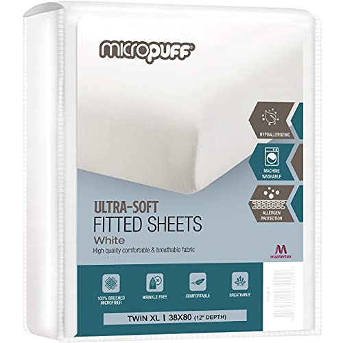 Micropuff Fitted Sheet Twin Xl - Soft Brushed Microfiber, Wrinkle Free & Hypoallergenic Fitted Sheet Only (Twin Xl/Ideal For Split King - 39X80) White #TOP1