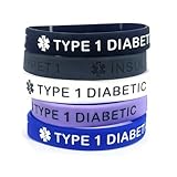 COLORFUL BLING 5 PCS Blood THINNER Diabetic Type 1/2 Rubber Medical Alert ID Emergency Bracelet Warning Silicone Wristband Bracelets for Women Men ﻿-type 1