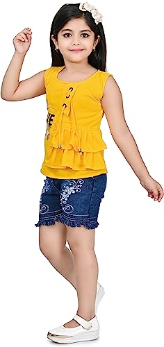 Image of Zenat Girls Polycotton Regular Fit Printed Round Neck Half Sleeve Casual Wear Top & Pant Set (Yellow 6-7 Years) SD20-Y-6 /7