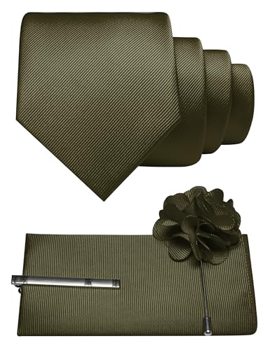 JEMYGINS Formal Necktie Olive Green Tie and Pocket Square with Tie Clip Lapel Pin Sets for Men(17)