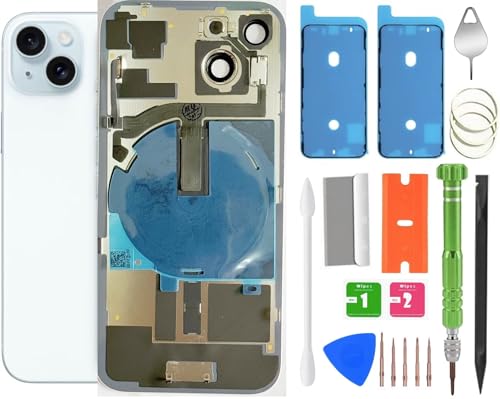 ALOCHSHOW 15 Back Glass Replacement with Wireless Charging Flex Cable, Camera Frame All Parts for iPhone 15 (6.1 Inch) Back Glass Replacement with Kit and Waterproof Tape (Blue)