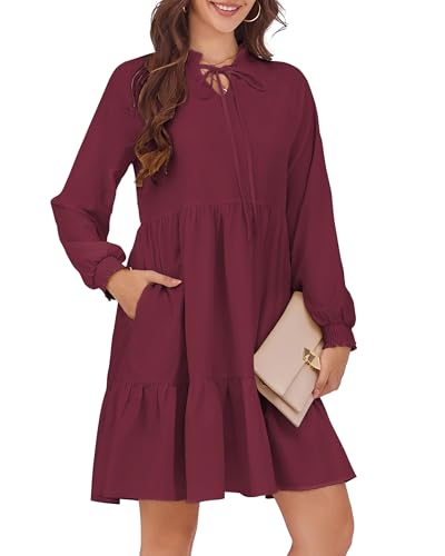 HUSKARY Baby Doll Dresses Women Fall Casual Tie V Neck Ruffle Tiered Tunic Dress Knee Length Cute Dresses with Pockets2