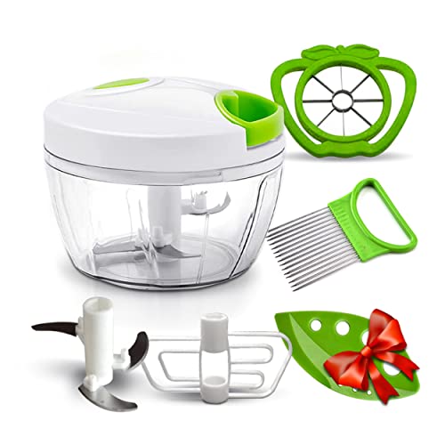 Hachoir Manuel - Tupperware - Mini - Manuel 500 Ml - Trancher Legumes - Bundle 4 Ustensiles Vert/Blanc Accessoires Cuisine - Hacher - Couper - Oignon - Ail - Pomme - Oeuf + Epluche Feuilles Offert