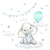💚 LIEFERUMFANG - Ein Wandtattoo mit Elefant und Luftballon, das Ansichtsbild entspricht 112 x 87 cm und der Elefant hat eine Größe von 55 x 52 cm (Breite x Höhe) inkl. Anleitung zur kinderleichten Anbringung und einem Probeaufkleber.