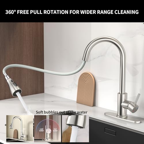 Oersitor Kitchen Faucet with Pull Down Sprayer，Lead-Free NSF Certified ，High Arc Single Handle Stainless Steel Sink Faucet，1/3 Hole, Suitable for Farmhouse RV Laundry Rooms Camper Bars(Brushed Nickel) by oersitor - Used condition - Image 7