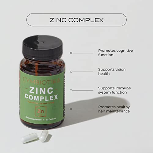 Cymbiotika Zinc Complex, High Absorption Zinc Supplement With Copper, Including Zinc Picolinate, Zinc Monomethione, & Sucrosomial Zinc, Powerful Immune System Booster For Adults, Non-Gmo, 30 Capsules #TOP1