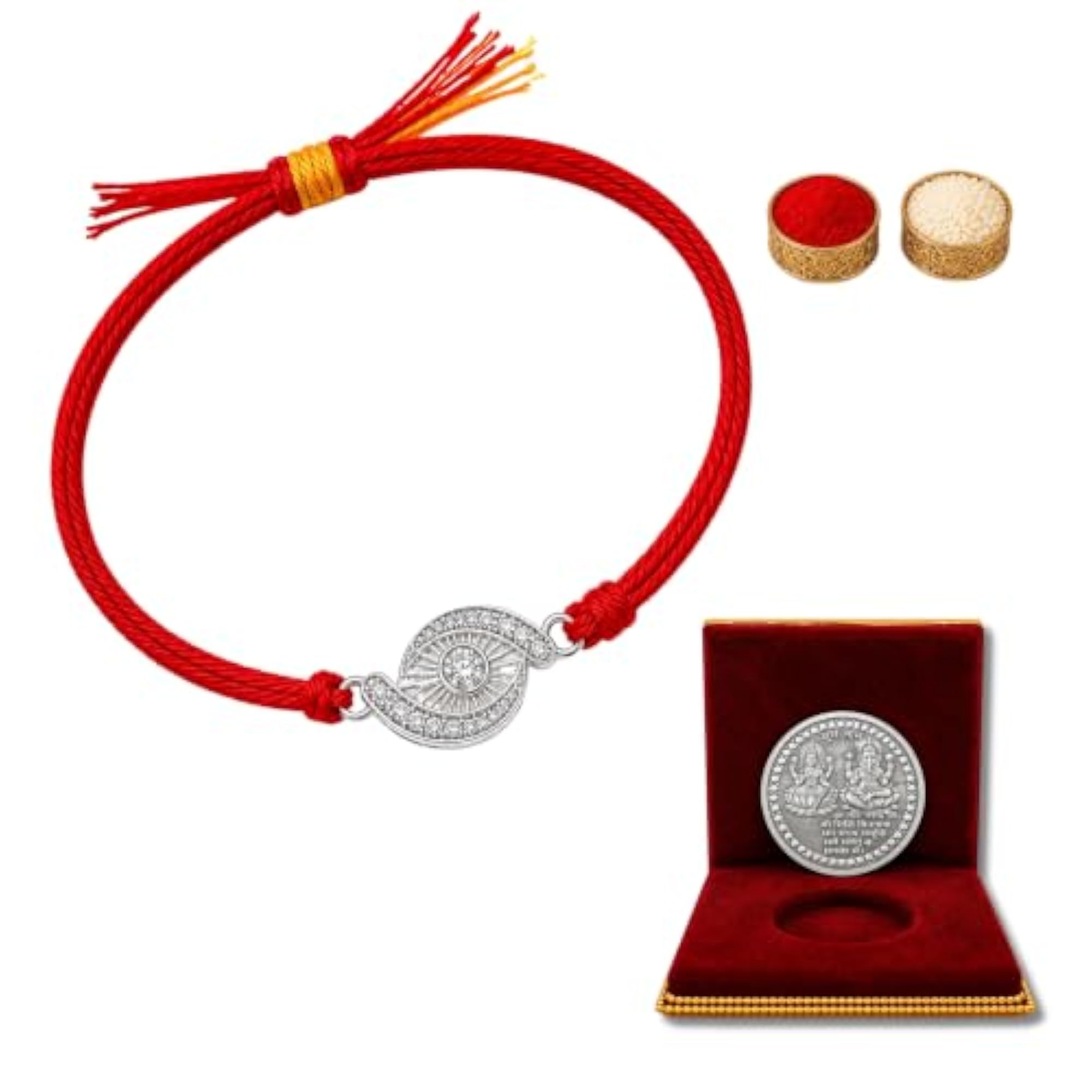 Silver Rakhi with Silver Finish Coin, Roli Chawal & Greeting Card