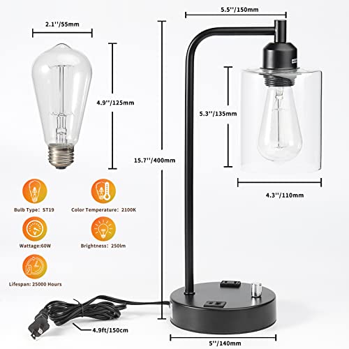 Streamlet Set Of 2 Industrial Table Lamp With Usb A+C Port And Ac Outlet, Stepless Dimmable Bedside Lamps, Nightstand Lamp, Desk Lamp With Glass Shade For Bedroom, 2700K 60W Bulbs Included #TOP2