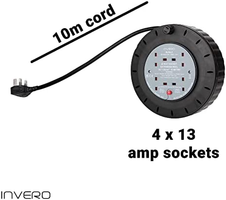 Invero® 4 Way Mains Socket with 10M Extension Lead Reel Cable - Heavy Duty British Approved 13A ideal for Workshops Home Use DIY and more - 10 Meter