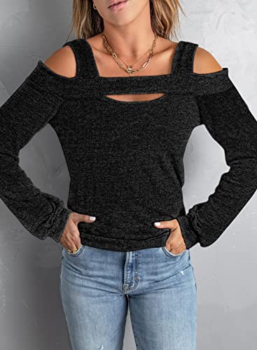 Image of Women Blouses and Tops Black White Colorblock Bell Sleeve Cold Shoulder Top Shirt