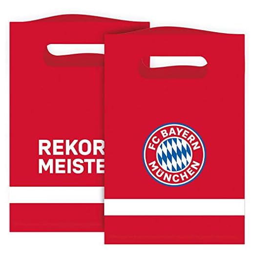 amscan 9906512 – FC Bayern Múnich Bolsas de Papel, 8 Unidades, tamaño 15,8 x 23,6 cm, Color: Azul, Blanco y Rojo, con Logotipo, récord, Bolsa de Regalo para Regalos o Visita, con Correa