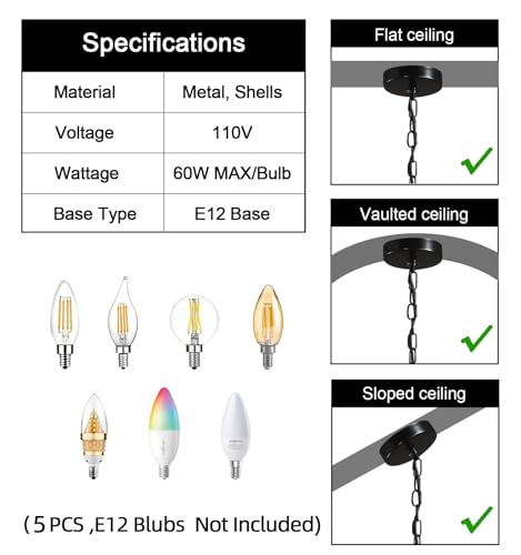 ZEDSUN Modern Capiz Chandelier Lighting 5 Lights, Natural Shell Hanging Ceiling Light Fixtures Contemporary Seashell Coastal Chandeliers for Living Room Hallway Foyer - Image 4