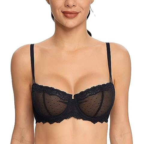 HACI Women's Lace Mesh Balconette Bra Sheer Demi Scoop Neck Push Up Plus Size Sexy Full Coverage Unlined Underwire(Black,32D) Cover