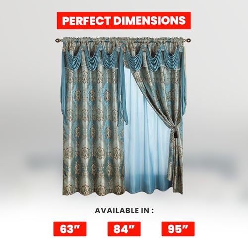 Sapphire Home Jacquard Window Curtain Drapes - Attached Valance Scarf, Sheer Backing, 2 Tassels - Traditional Floral Curtain Drape - Living/Dining Rooms (Light Blue, 84")