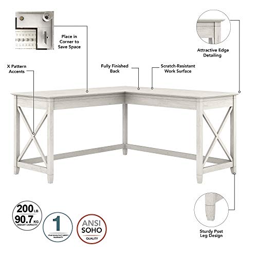 Bush Furniture Key West 60W L Shaped Desk, Linen White Oak & Key West 2 Drawer Mobile File Cabinet, Linen White Oak #TOP3