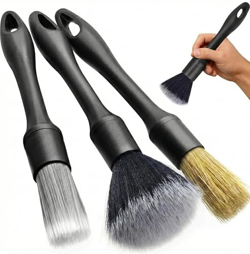 Premium Car Detailing Brush Set - Professional 3 Pack Kit Detail Brushes with Soft Boars Hair Bristles for Auto Interior & Exterior - for Cleaning Leather Seats