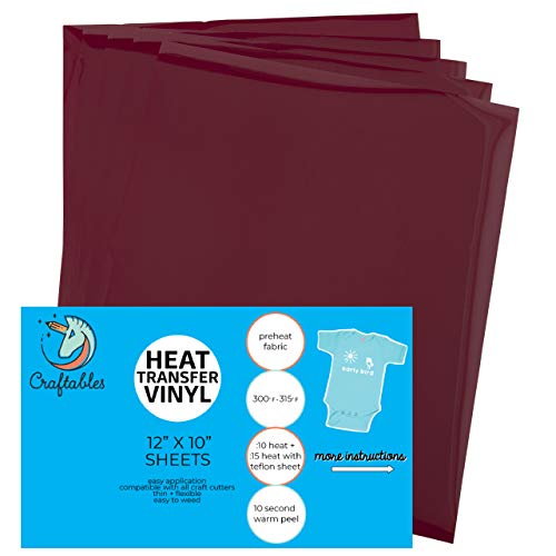 Craftables Maroon Heat Transfer Vinyl Htv - 5 Sheets Easy To Weed T-Shirt Iron On Vinyl For Silhouette Cameo, Cricut, All Craft Cutters. Ships Flat #TOP17