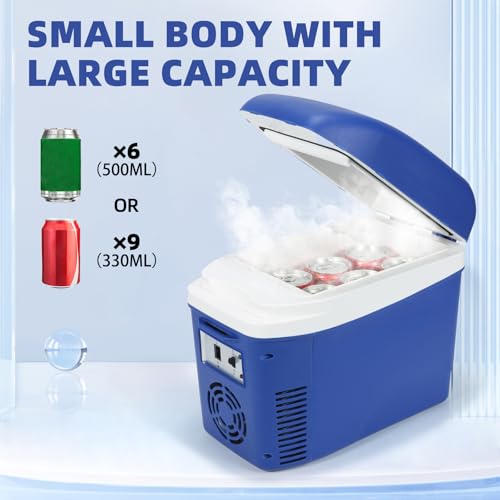 Image of Iceblue Mini Fridge, 7 Liter /9 Cans Skincare Fridge with Belt, AC Plug & 12V Car Charger Dual-use Small Refrigerator, Compact & Portable Refrigerator for Car, Dorm, Travel, Picnic, Gift (Blue)